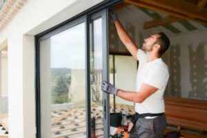 A man carefully installs a sliding glass door, ensuring proper alignment and secure fitting for optimal functionality.