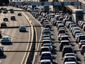 Melbourne's Westgate freeway at dusk, people driving home