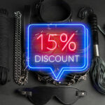 BDSM gear set with rope, chains, flogger, blindfold and collar with 15% discount neon sign - Black Friday Offer