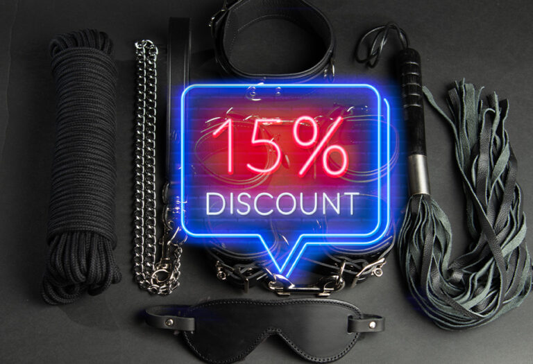 BDSM gear set with rope, chains, flogger, blindfold and collar with 15% discount neon sign - Black Friday Offer