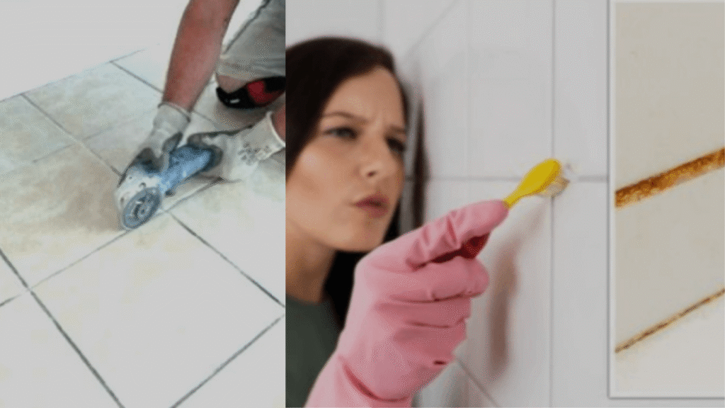 Floor tiles with dirty grout lines before cleaning process.