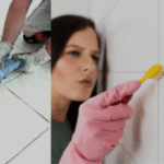 Floor tiles with dirty grout lines before cleaning process.