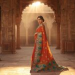 _A graceful Indian woman wearing a vibrant Paithani saree with peacock motifs, standing in a heritage courtyard with soft golden sunlight filtering through arches._ (1)