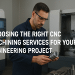 Wide landscape image of a CNC machining workshop with precision machines, metal components on a workbench, and engineers inspecting parts for an engineering project.