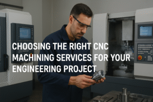 Wide landscape image of a CNC machining workshop with precision machines, metal components on a workbench, and engineers inspecting parts for an engineering project.