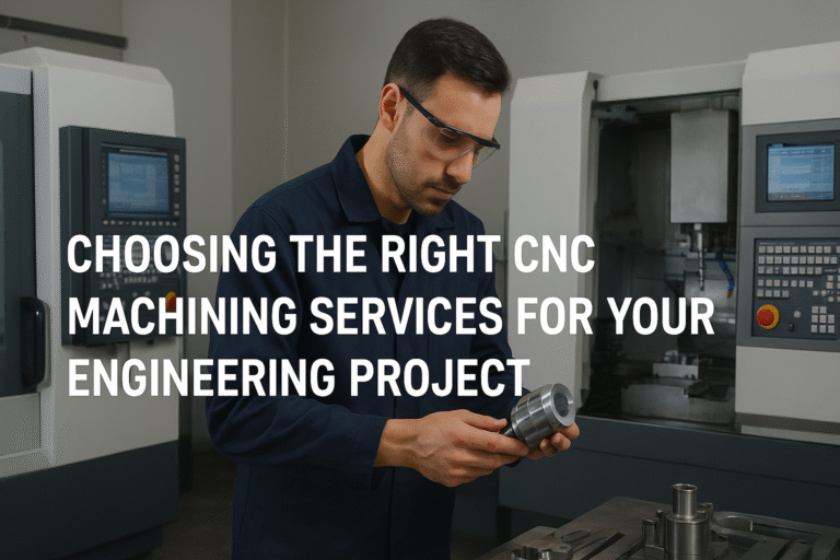 Wide landscape image of a CNC machining workshop with precision machines, metal components on a workbench, and engineers inspecting parts for an engineering project.