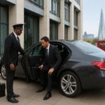 Wide landscape photograph of a Mercedes-style saloon parked outside a London office as a chauffeur helps a business executive into the rear seat, with the city skyline visible in the background.