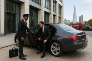 Wide landscape photograph of a Mercedes-style saloon parked outside a London office as a chauffeur helps a business executive into the rear seat, with the city skyline visible in the background.
