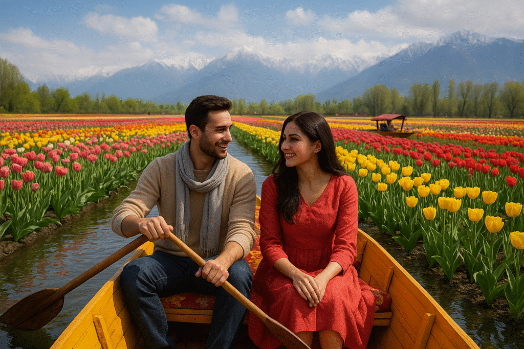 Couple on shikara ride during Tulip Festival in Srinagar