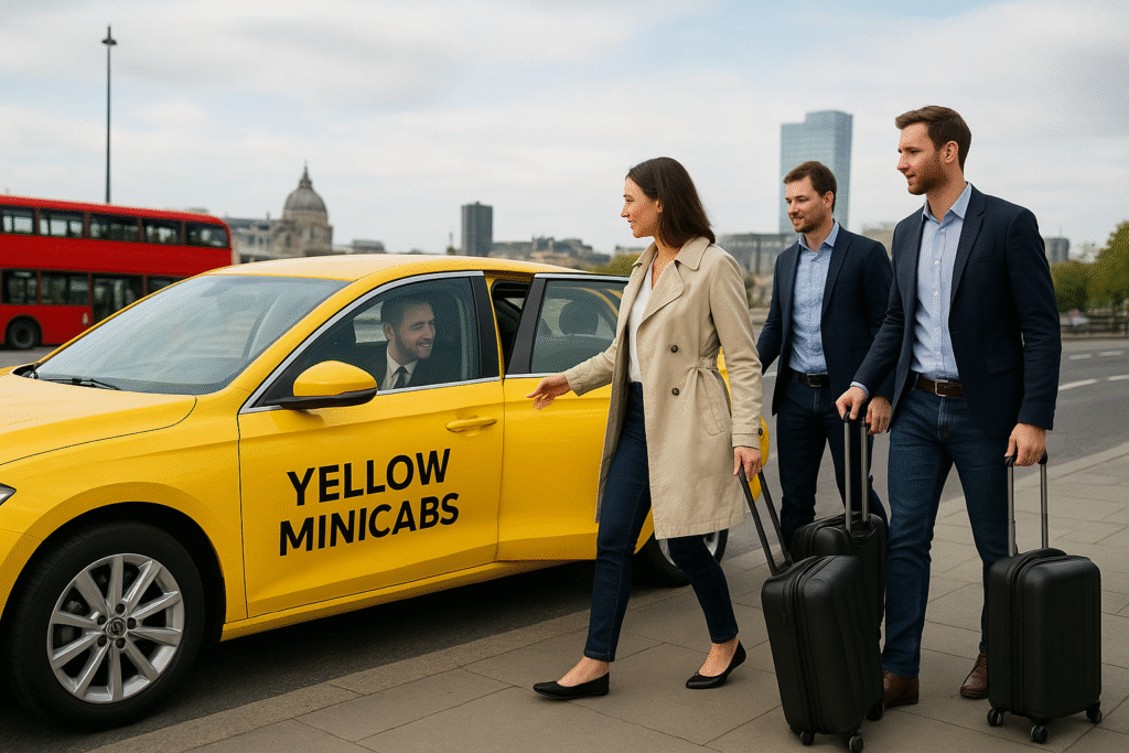 Wide landscape image of a Yellow Minicab in London with passengers entering the car, luggage on the side, and a professional driver assisting, showing a safe and comfortable travel experience.