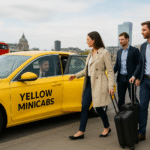 Wide landscape image of a Yellow Minicab in London with passengers entering the car, luggage on the side, and a professional driver assisting, showing a safe and comfortable travel experience.