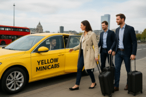 Wide landscape image of a Yellow Minicab in London with passengers entering the car, luggage on the side, and a professional driver assisting, showing a safe and comfortable travel experience.