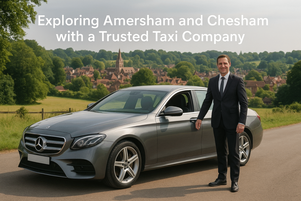 Silver Mercedes-Benz taxi parked on a quiet street in Amersham, with a professional driver standing nearby, charming townhouses in the background, soft daylight.