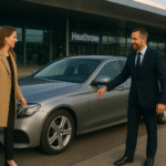 A professional chauffeur greets a passenger outside Heathrow Airport for beside a sleek silver Mercedes-Benz, ready for a private airport transfer.