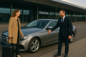 A professional chauffeur greets a passenger outside Heathrow Airport for beside a sleek silver Mercedes-Benz, ready for a private airport transfer.