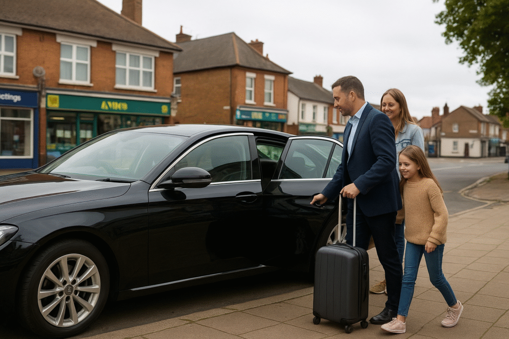 A man helps his wife and daughter get into a sleek black taxi on a quiet Wallington street lined with local shops and houses, under soft daylight.