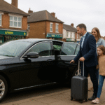 A man helps his wife and daughter get into a sleek black taxi on a quiet Wallington street lined with local shops and houses, under soft daylight.