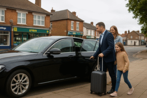 A man helps his wife and daughter get into a sleek black taxi on a quiet Wallington street lined with local shops and houses, under soft daylight.