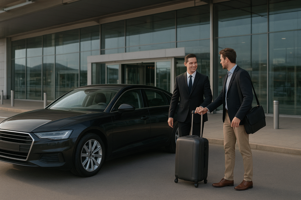 Professional chauffeur assisting a traveller with luggage beside a sleek black car outside a modern airport terminal, representing reliable airport taxi transfers service.