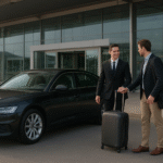 Professional chauffeur assisting a traveller with luggage beside a sleek black car outside a modern airport terminal, representing reliable airport taxi transfers service.