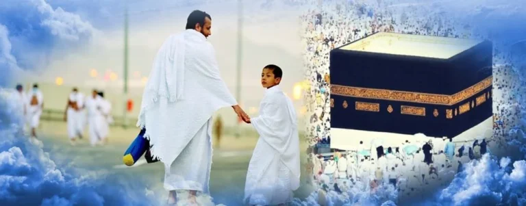 A father and son dressed in white Ihram garments walking together towards the Holy Kaaba in Makkah, surrounded by pilgrims