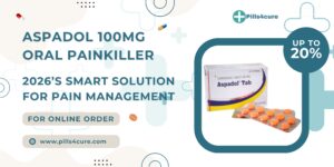 Aspadol 100mg Orange oral painkiller by pills4cure shown with tablet strip and box, promoting effective pain management with up to 20 percent discount.