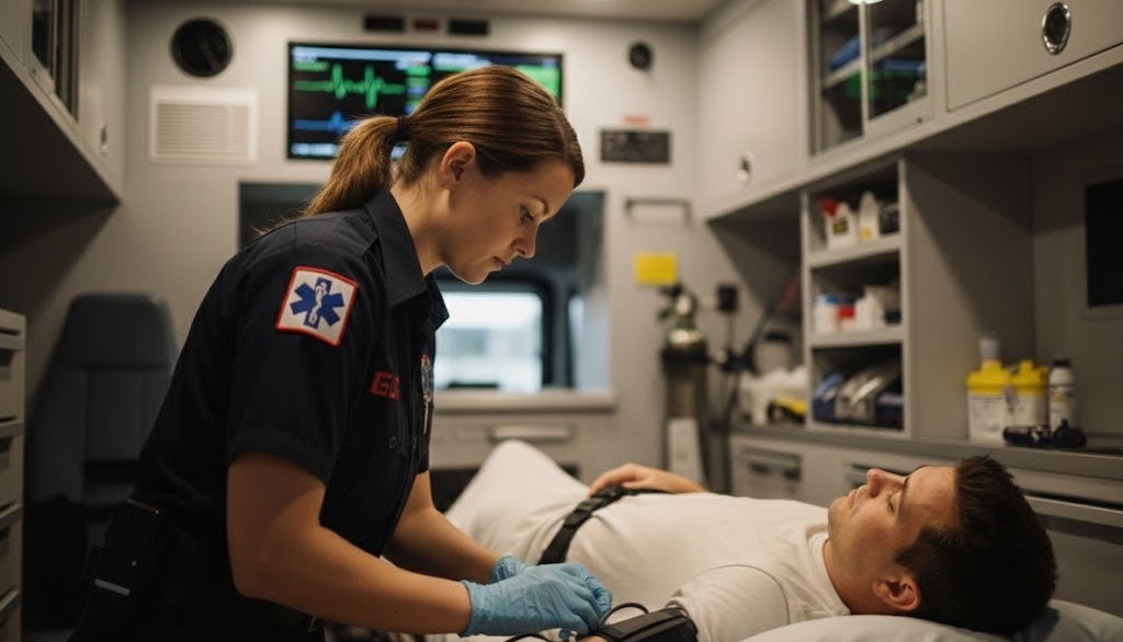 An EMT providing care to a patient inside a modern ambulance