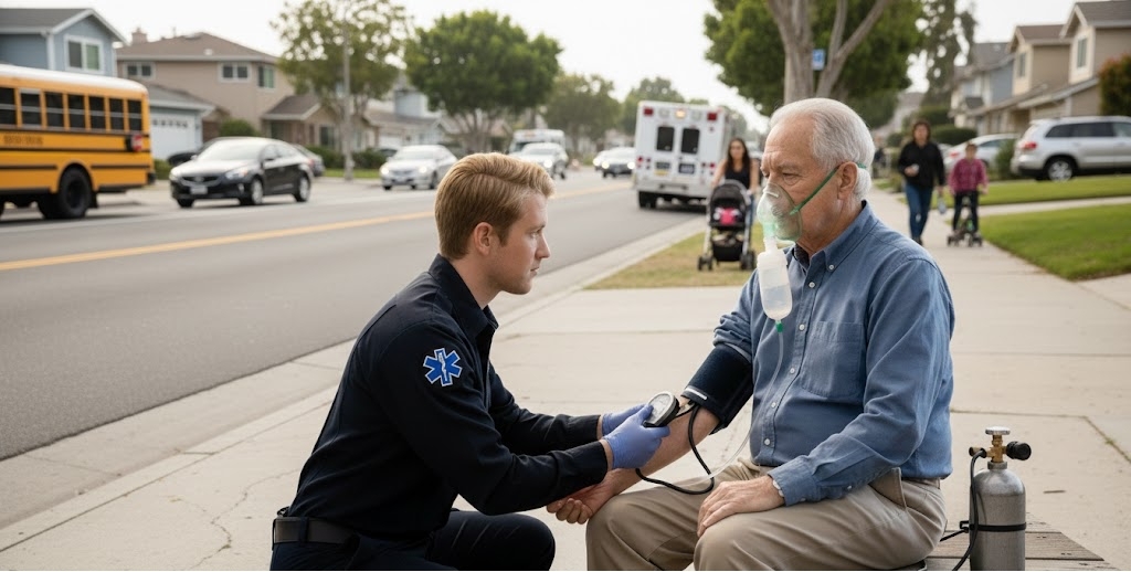 An EMT kneeling to assess a patient.