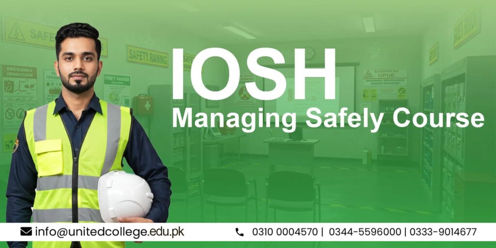 A man in a high-visibility vest holds a helmet, standing against a background with "IOSH Managing Safely Course" text. Contact details are below.