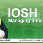 A man in a high-visibility vest holds a helmet, standing against a background with "IOSH Managing Safely Course" text. Contact details are below.