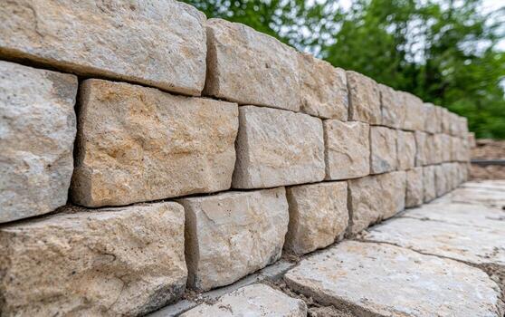 A close-up view of a gravity retaining wall constructed from stacked, rough-hewn light beige limestone blocks in a garden.