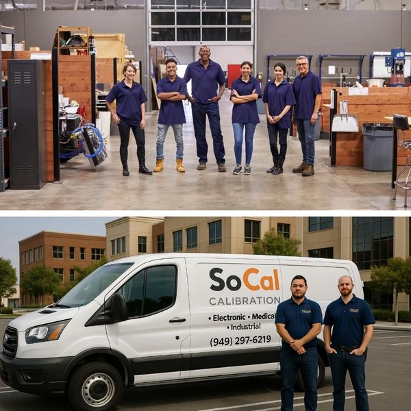 A team of accredited calibration technicians wearing company uniforms