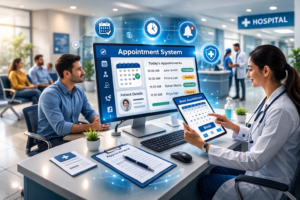 Digital Patient Appointment System displayed on laptop and mobile improving hospital workflow with doctor and patient interaction by Hosval