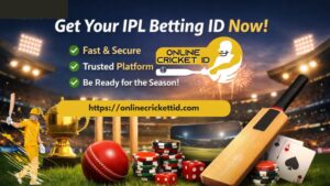 Alt text: Promotional banner for Online Cricket ID showing cricket stadium background with trophy, bat, ball, poker chips, and playing cards, featuring the text “Get Your IPL Betting ID Now – Fast & Secure, Trusted Platform” and website link onlinecricketid.com.