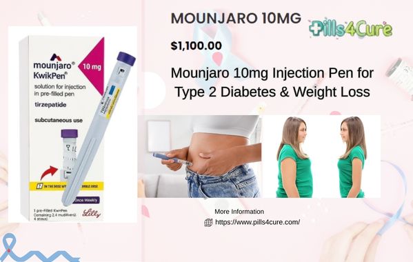 Mounjaro 10mg KwikPen injection for type 2 diabetes and weight loss shown with product box and pen device.