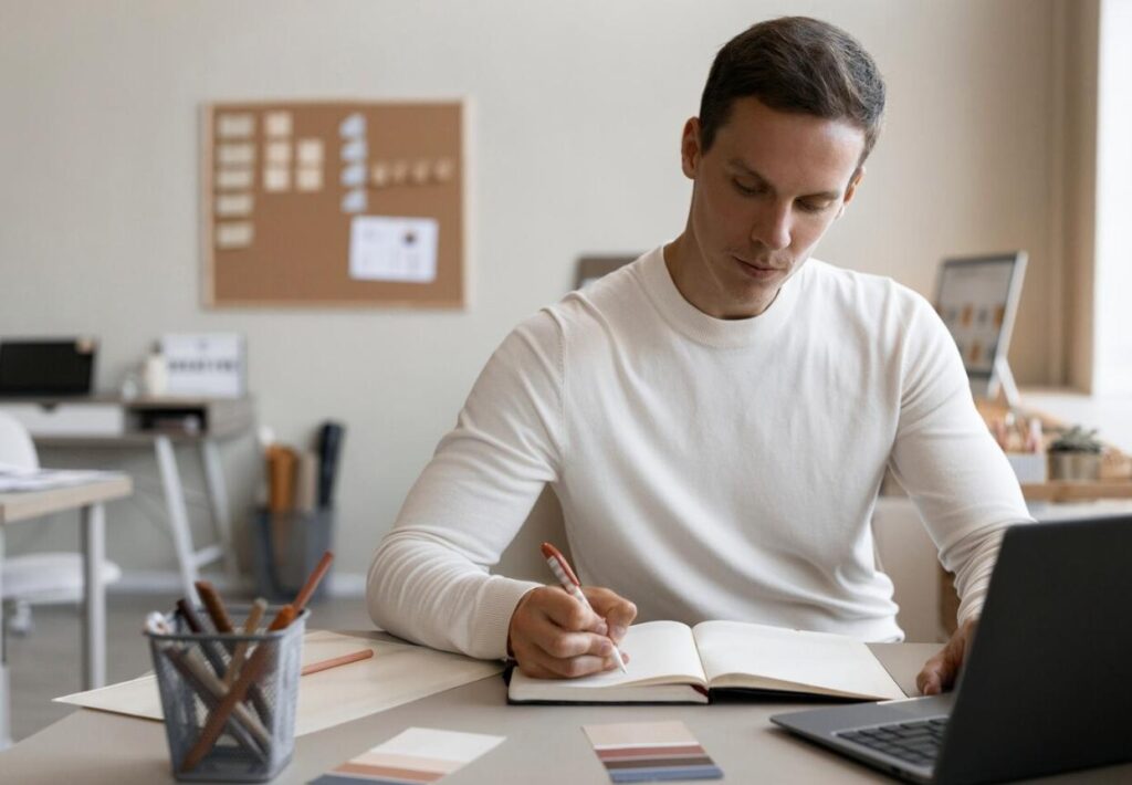 A student sitting at a desk taking notes while studying for the NREMT exam