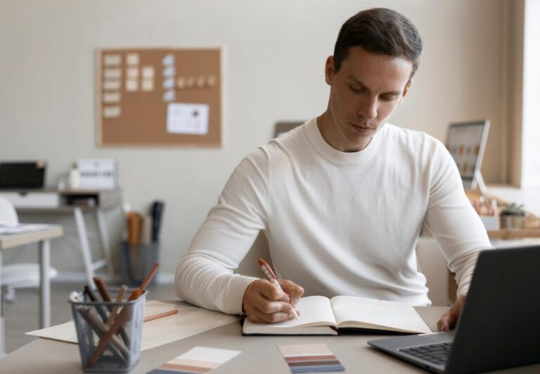 A student sitting at a desk taking notes while studying for the NREMT exam