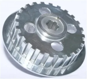 Aluminum die-cast gear wheel with teeth and central hub.