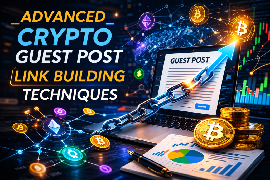 Advanced cryptocurrency guest post link building with blockchain, laptop, and SEO growth icons.