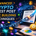 Advanced cryptocurrency guest post link building with blockchain, laptop, and SEO growth icons.