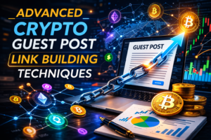 Advanced cryptocurrency guest post link building with blockchain, laptop, and SEO growth icons.
