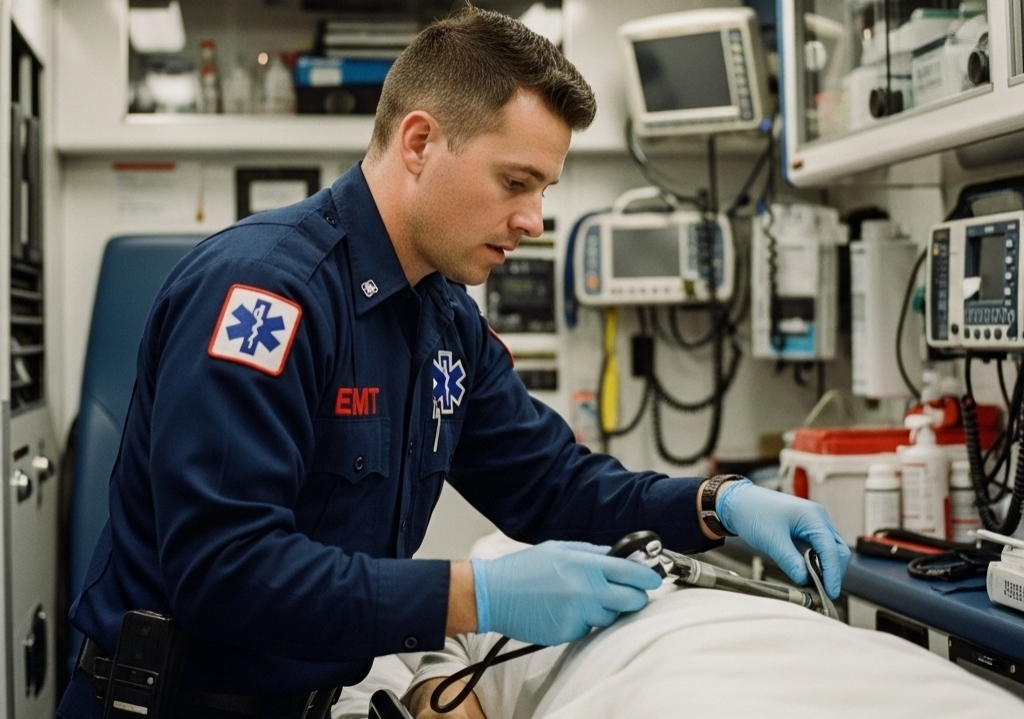 EMT assessing a patient inside an ambulance