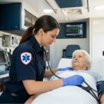 EMT providing care to a patient inside an ambulance