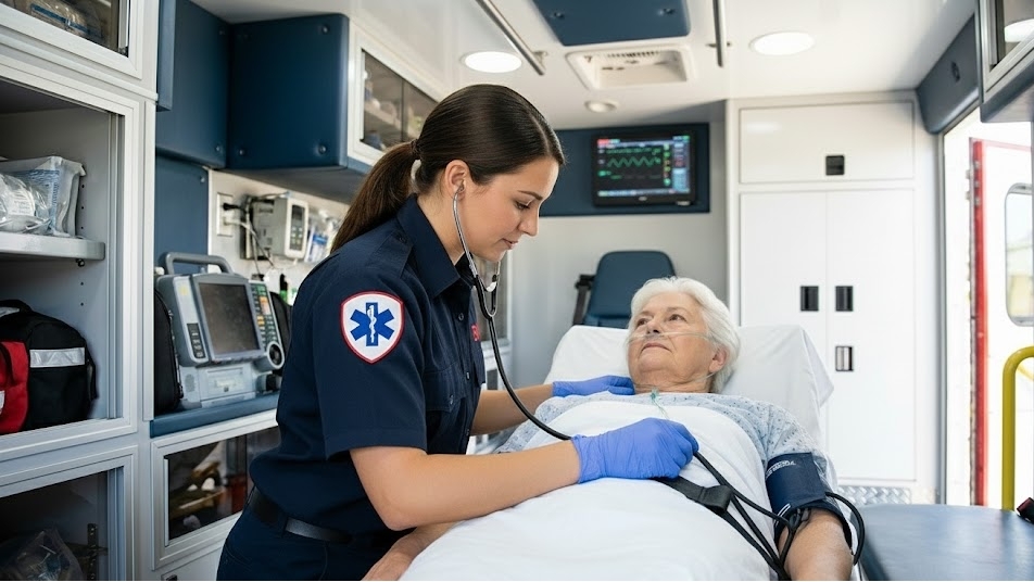 EMT providing care to a patient inside an ambulance