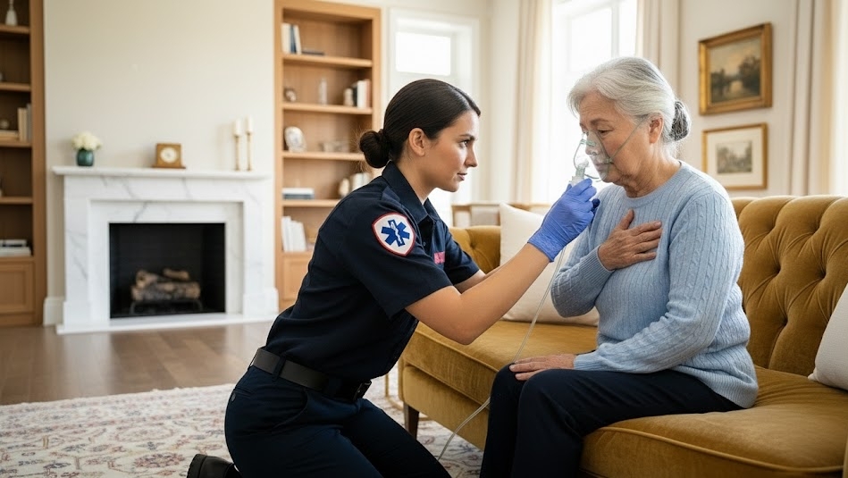 EMT assisting a patient with an oxygen mask