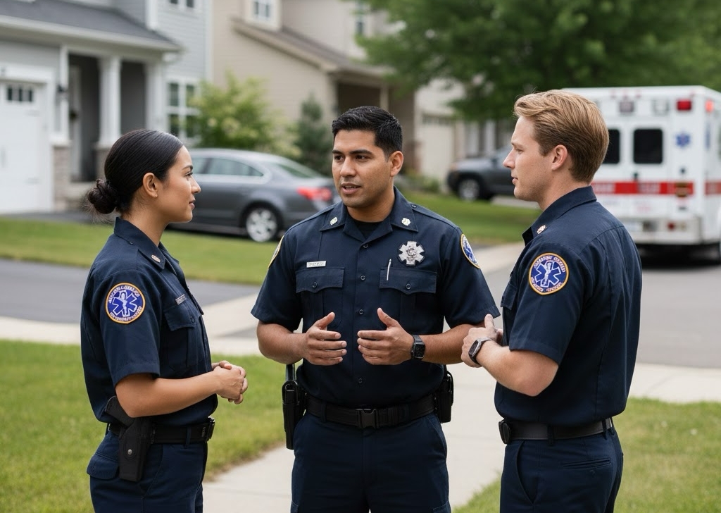 EMTs discussing strategy outside a residential scene