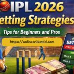IPL 2026 betting strategies banner showing a cricket stadium scene with a batsman holding a bat, a mobile screen displaying IPL betting odds, stacks of coins and cash, and Online Cricket ID website link for IPL Betting ID registration.