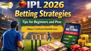 IPL 2026 betting strategies banner showing a cricket stadium scene with a batsman holding a bat, a mobile screen displaying IPL betting odds, stacks of coins and cash, and Online Cricket ID website link for IPL Betting ID registration.
