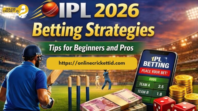 IPL 2026 betting strategies banner showing a cricket stadium scene with a batsman holding a bat, a mobile screen displaying IPL betting odds, stacks of coins and cash, and Online Cricket ID website link for IPL Betting ID registration.