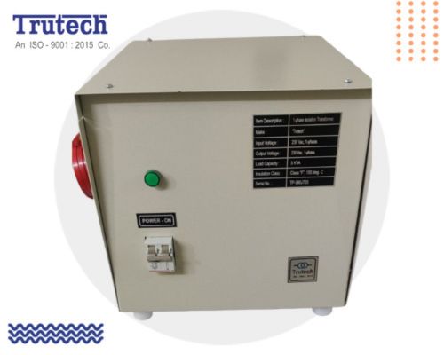 A Trutech brand 3 kVA single-phase isolation transformer in a beige metal enclosure, featuring a front-mounted power switch and a green indicator light.